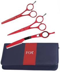 Fox Red zestaw do strzyżenia nożyczki + degażówki + brzytwa w etui